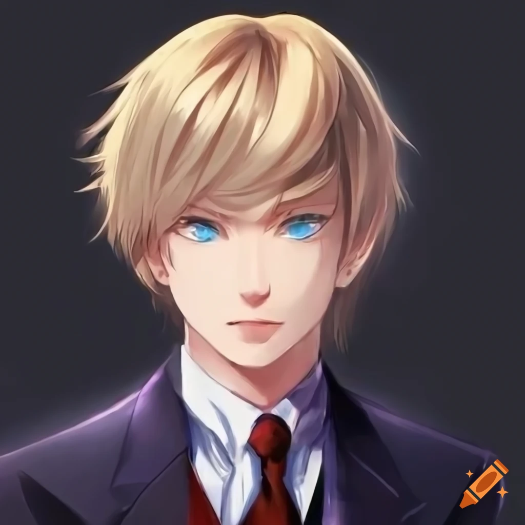 anime-style portrait of a guy with blond hair and blue eyes