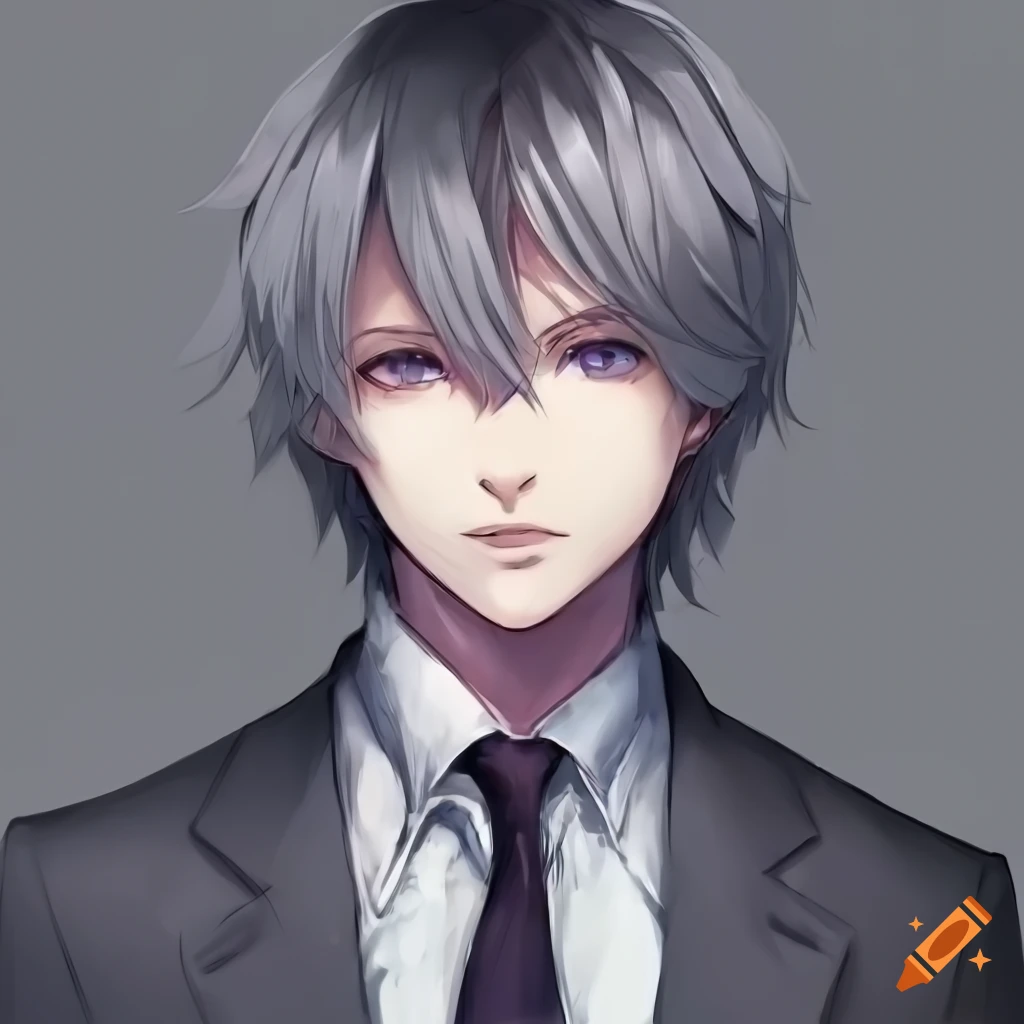 an anime-style portrait of a sleek grey-haired man