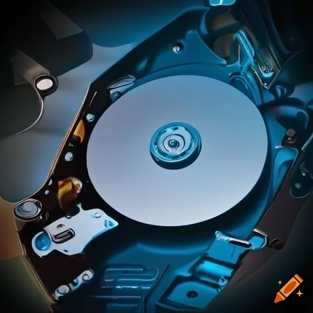 Detailed view of a hard drive's internal components on Craiyon
