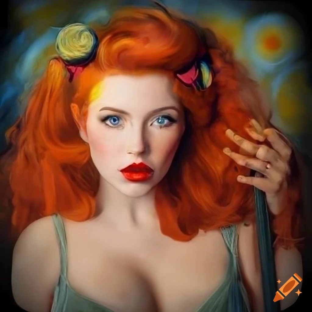 captivating Van Gogh style pinup artwork inspired by Redhead with Hurricane Eyes