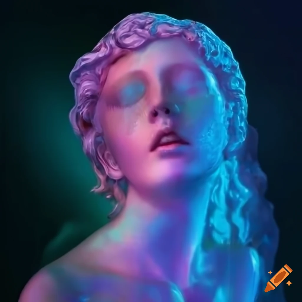 iridescent sculpture of a woman in a sunlit lake