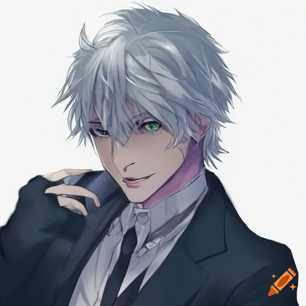 anime character with silver hair and green eyes