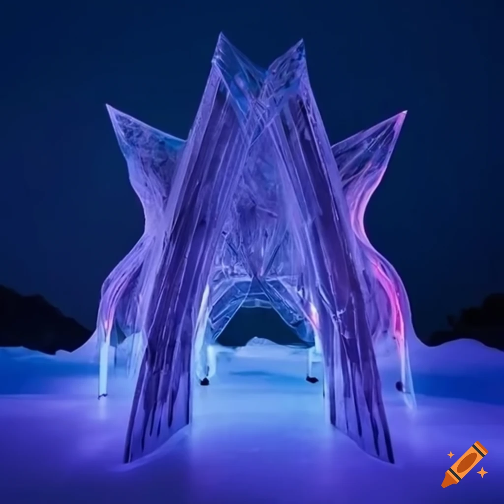 art installation with clear canopies and neon lights in icy field