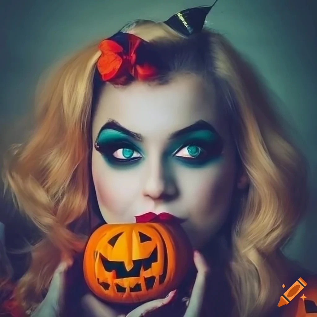Halloween-themed pinup girl with jack-o-lanterns