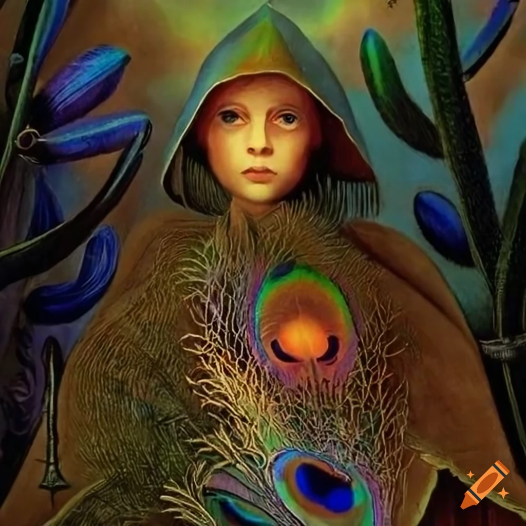 illustration of a raven wearing a colorful peacock feather cloak