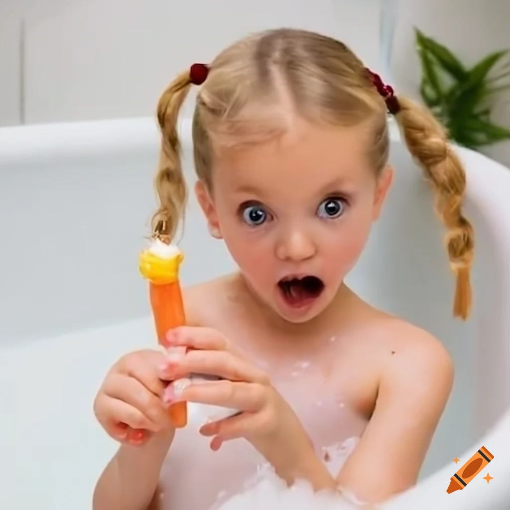 toddler girl in bath eating popcicle