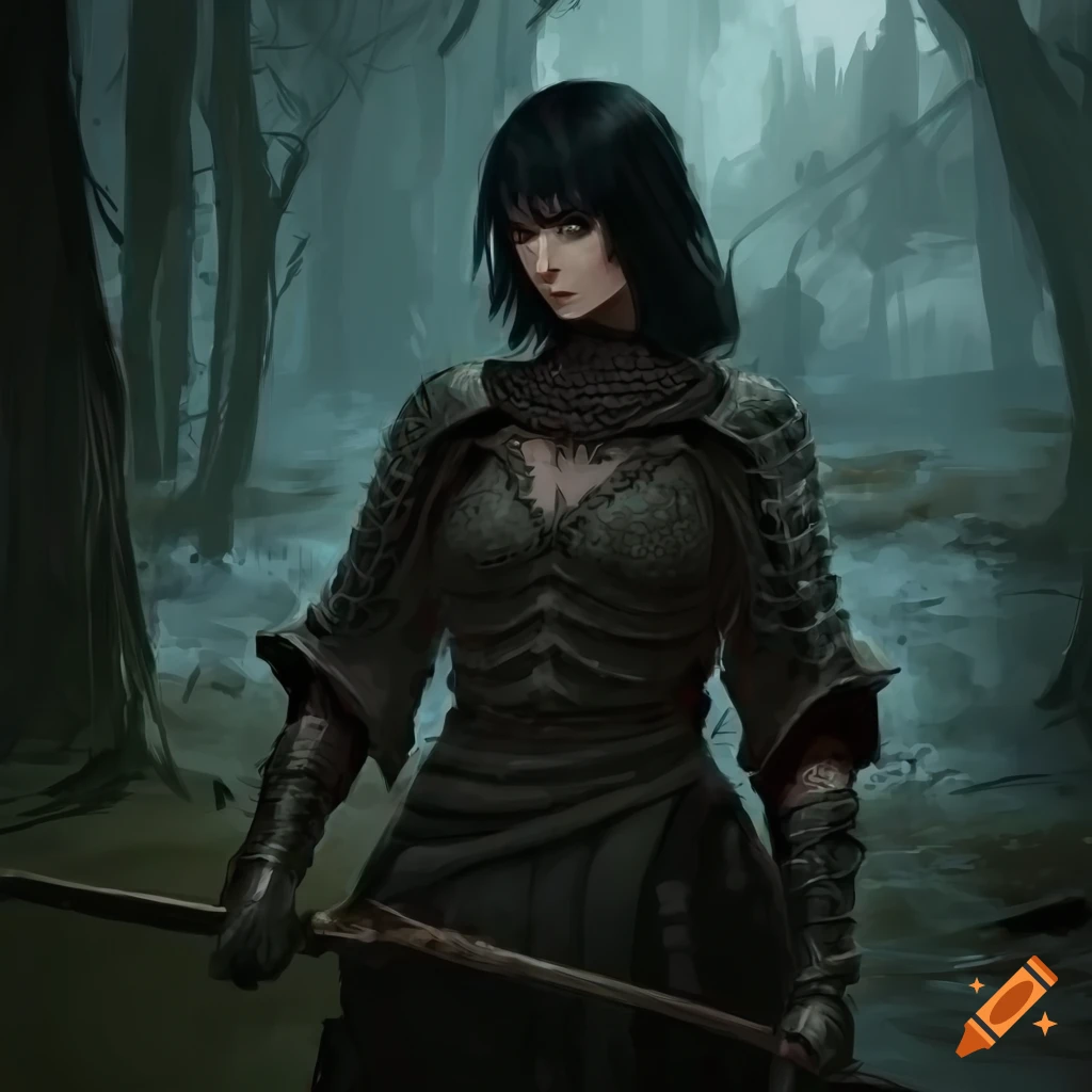 concept art of a physically fit woman in gothic leather armor