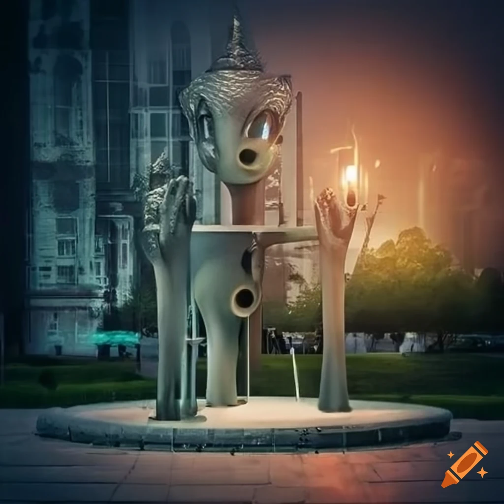 surreal urban park with futuristic sculptures