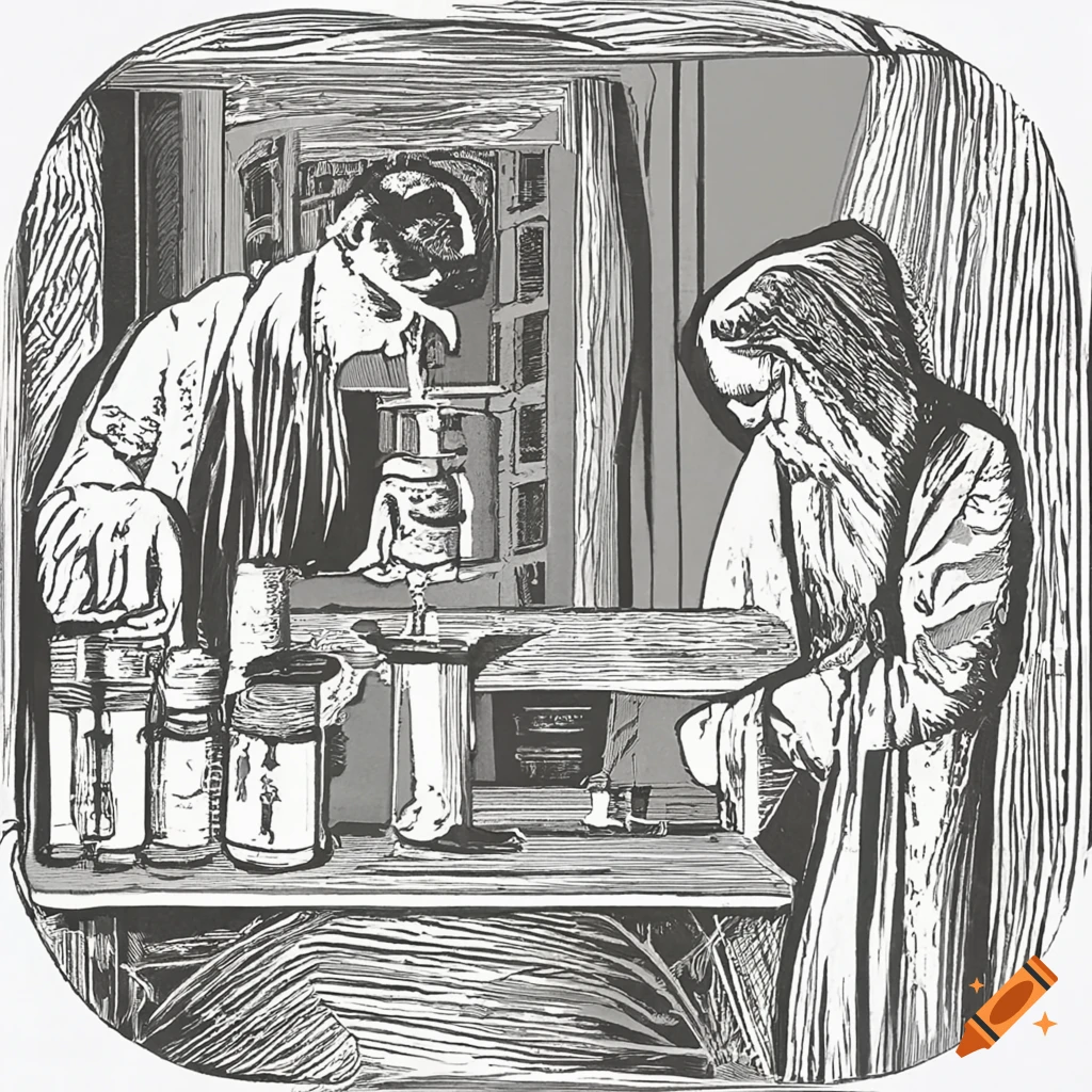 Woodcut of a lab testing water samples