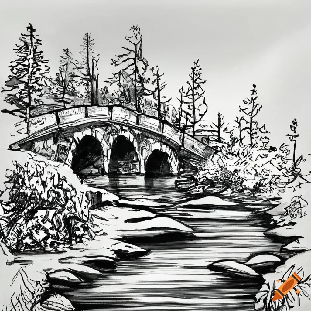 Premium Photo | A drawing of a bridge over a river in a forest generative ai