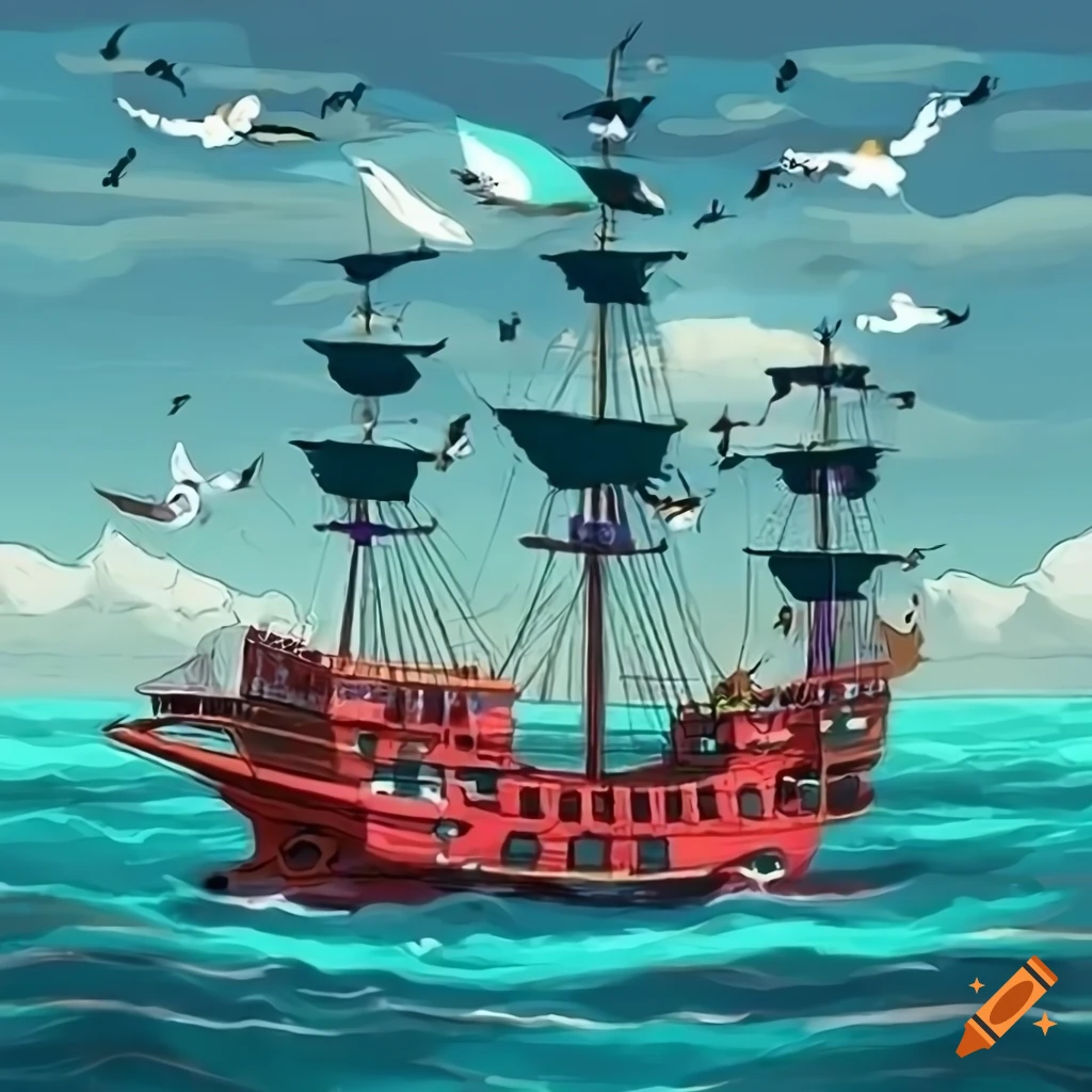 vintage cartoon pirate ship in the Caribbean sea
