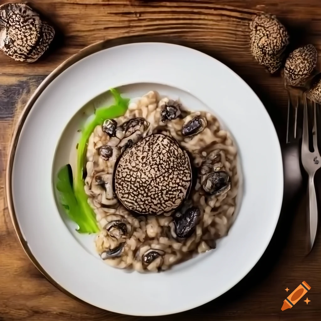 Truffle risotto on a plate with green plants on a wooden table on Craiyon