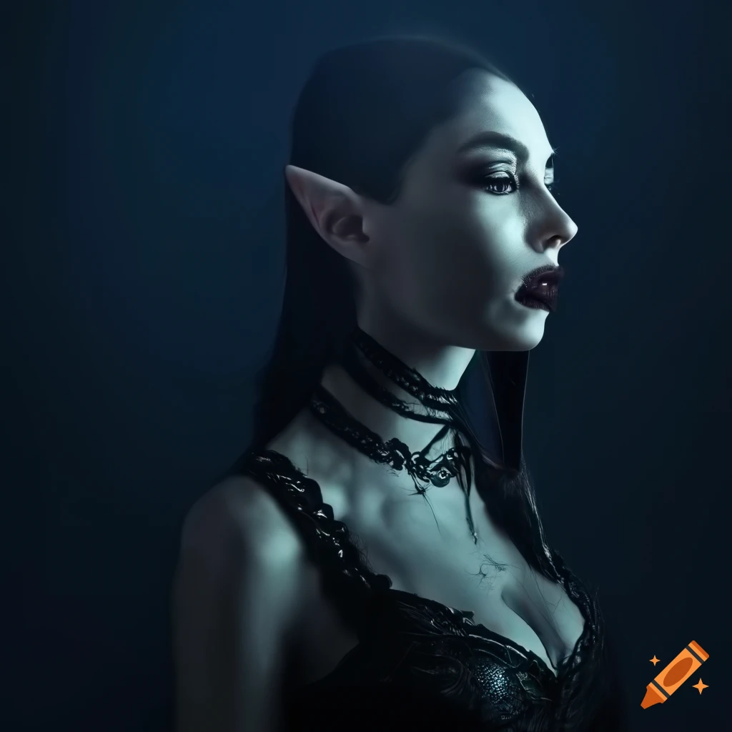 portrait of a dark elf woman with audrey hepburn features