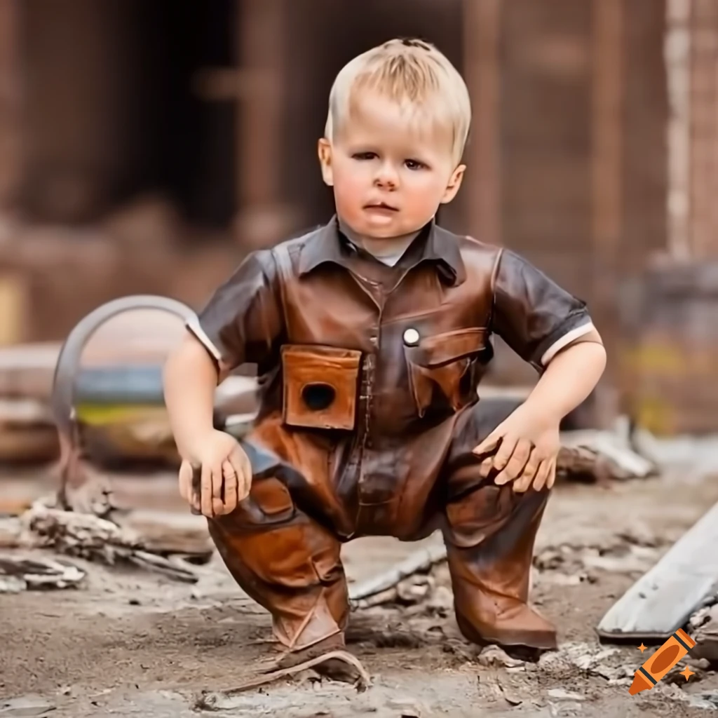 toddler boy wearing construction workwear on a building site