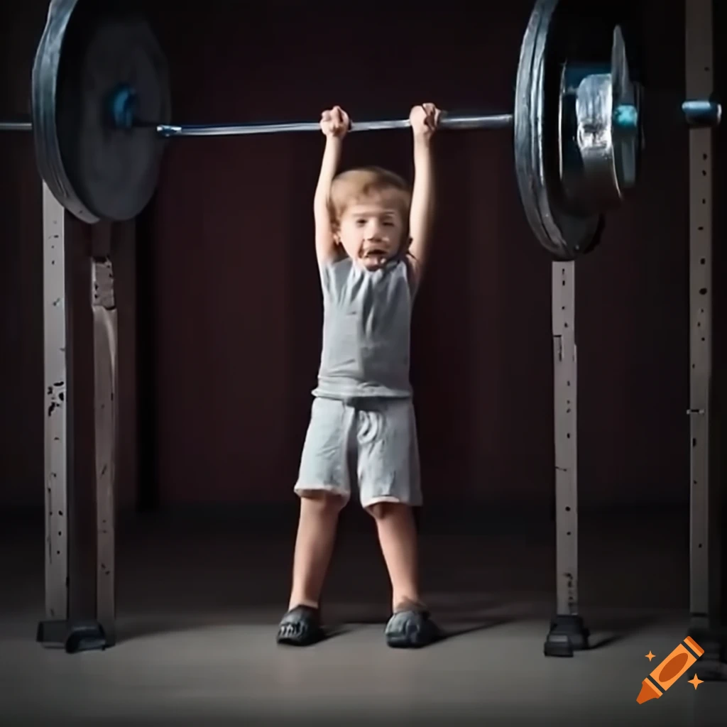photo of a young boy lifting a heavy barbell