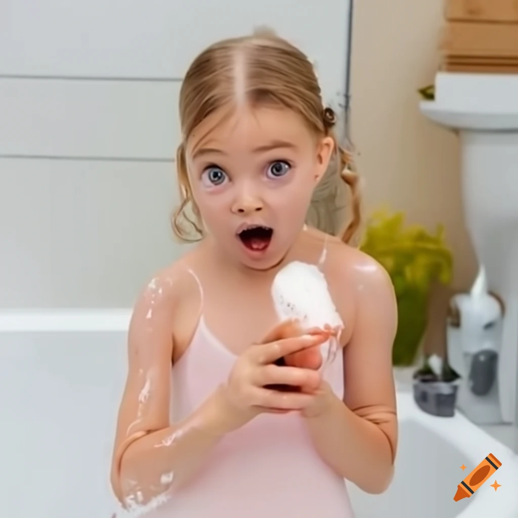 surprised toddler girl eating a popsicle in the bath