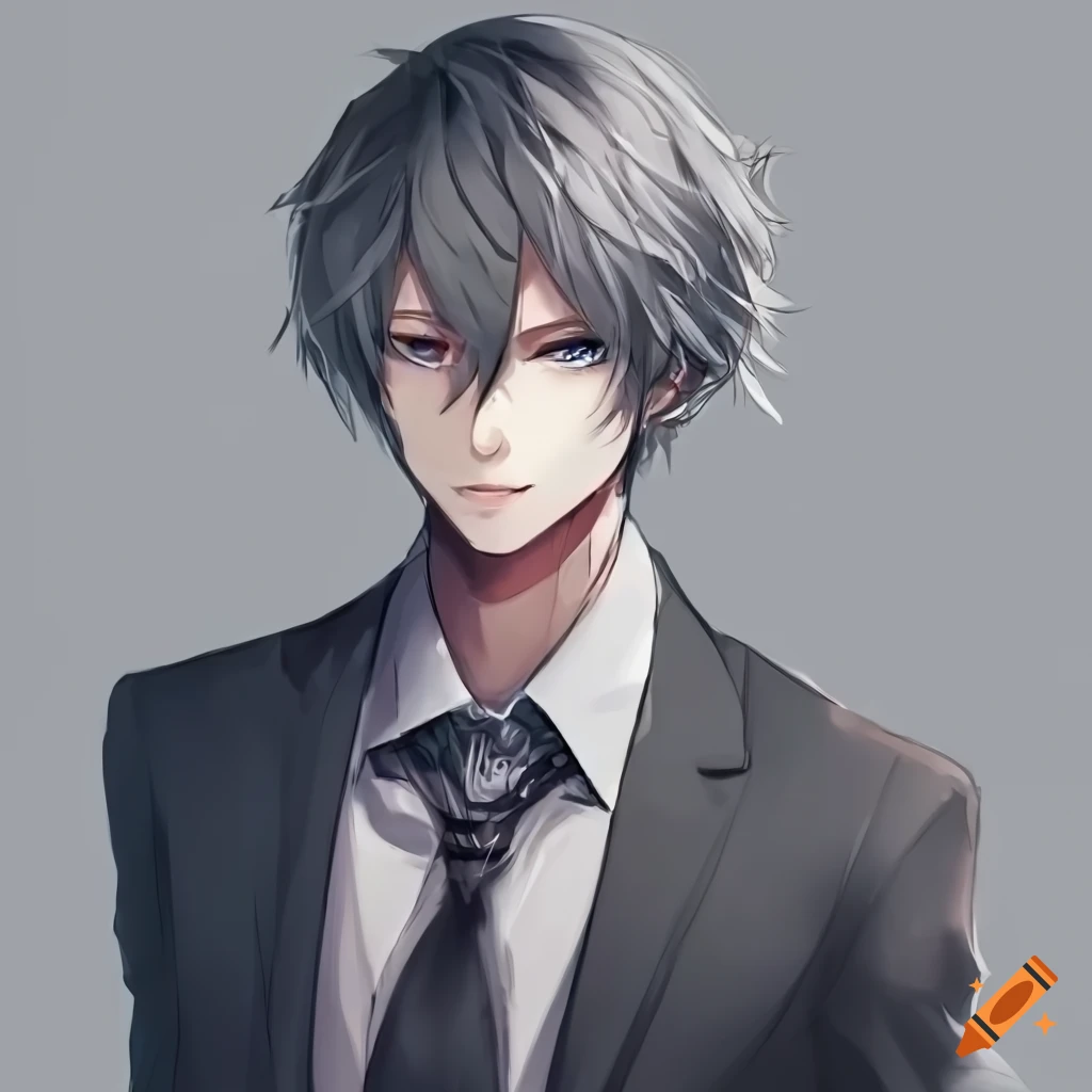 anime-style portrait of a man with grey suit and hair