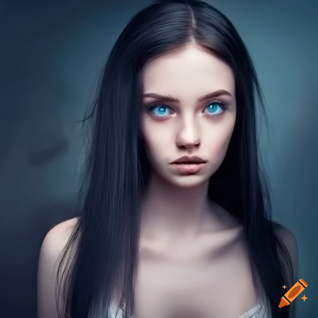Portrait of a beautiful woman with blue eyes and black hair