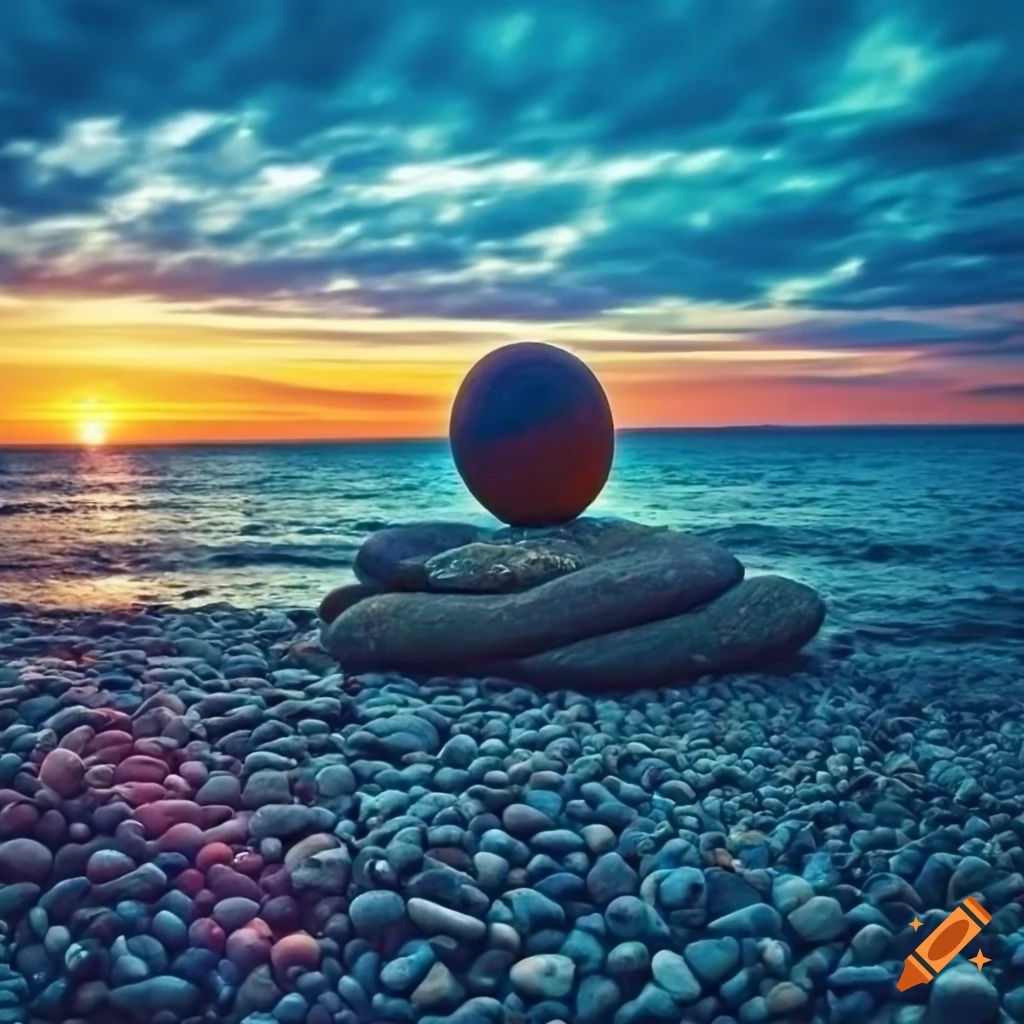 sunset rock art on beach with multicolored pebbles
