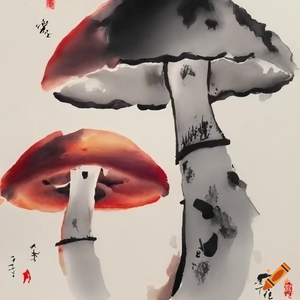 Chinese ink painting of mushrooms