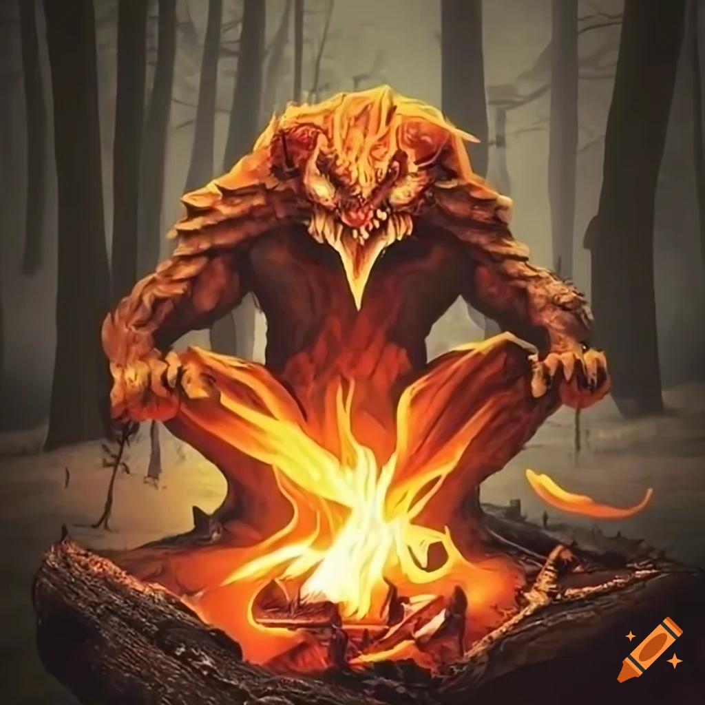Fantasy creature sitting on a log near a campfire in the forest on craiyon