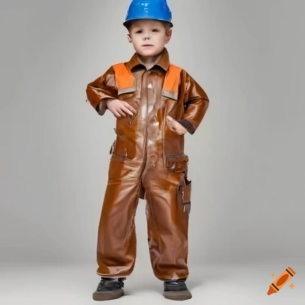toddler boy in leather workwear on a construction site