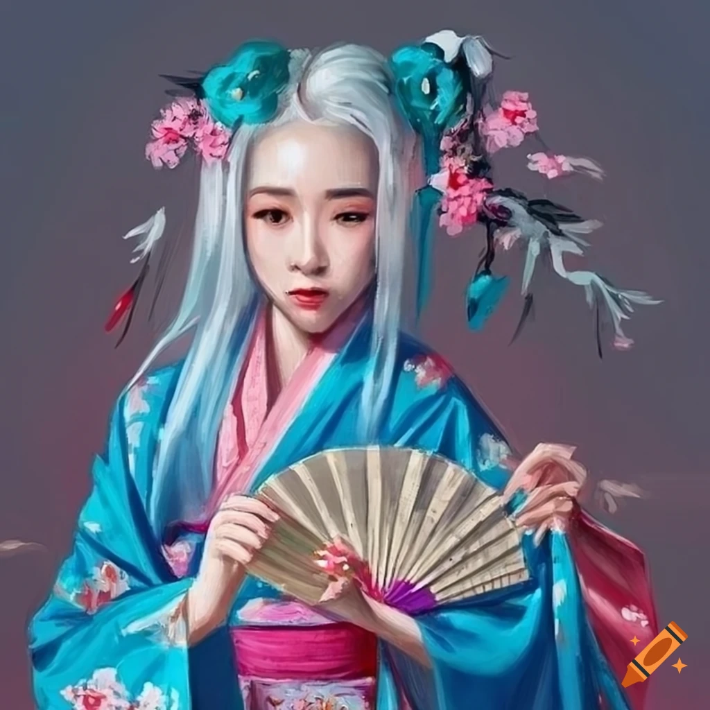 oil painting of Asian girl in colorful kimono with fan