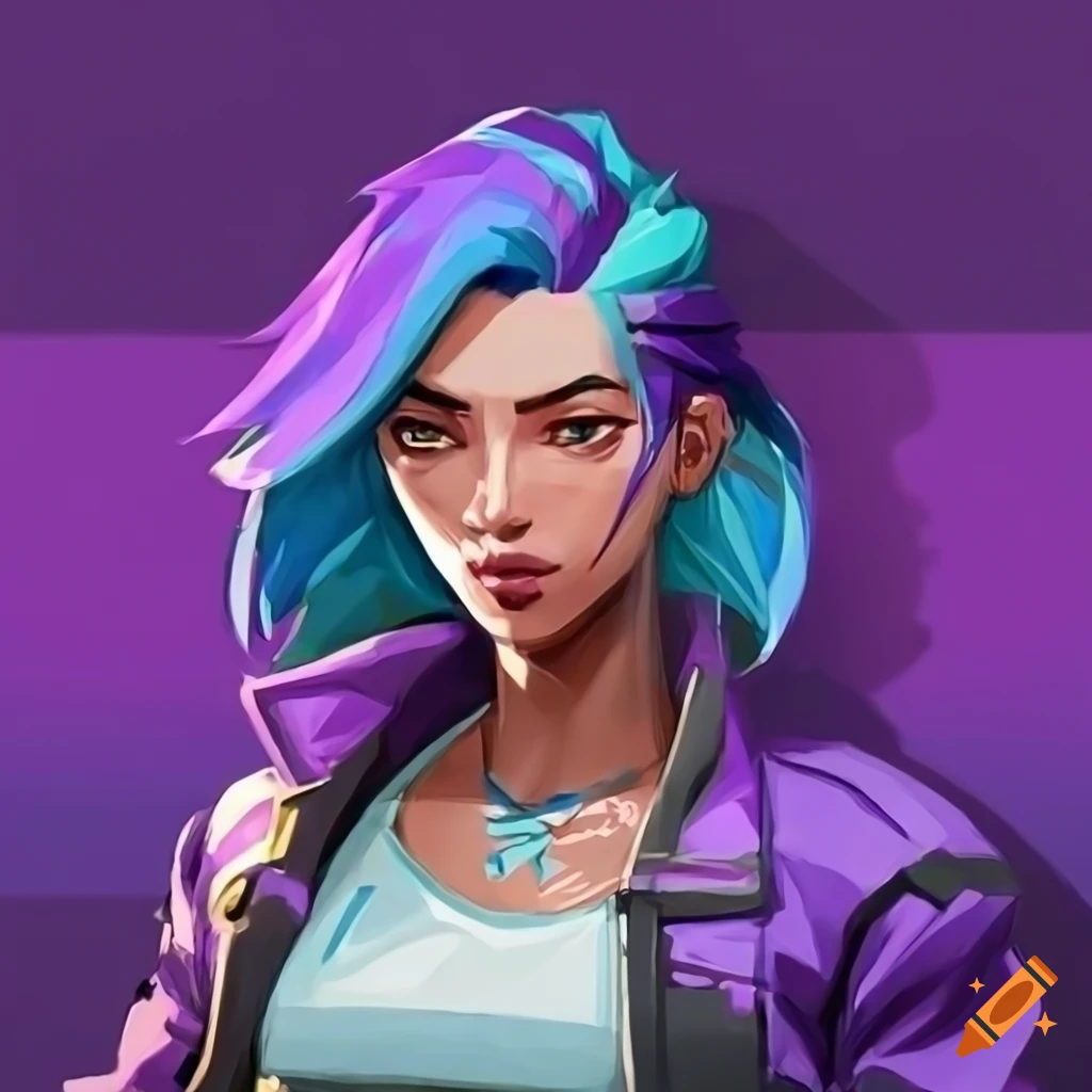Valorant agent with colorful hair and puffy jacket on Craiyon
