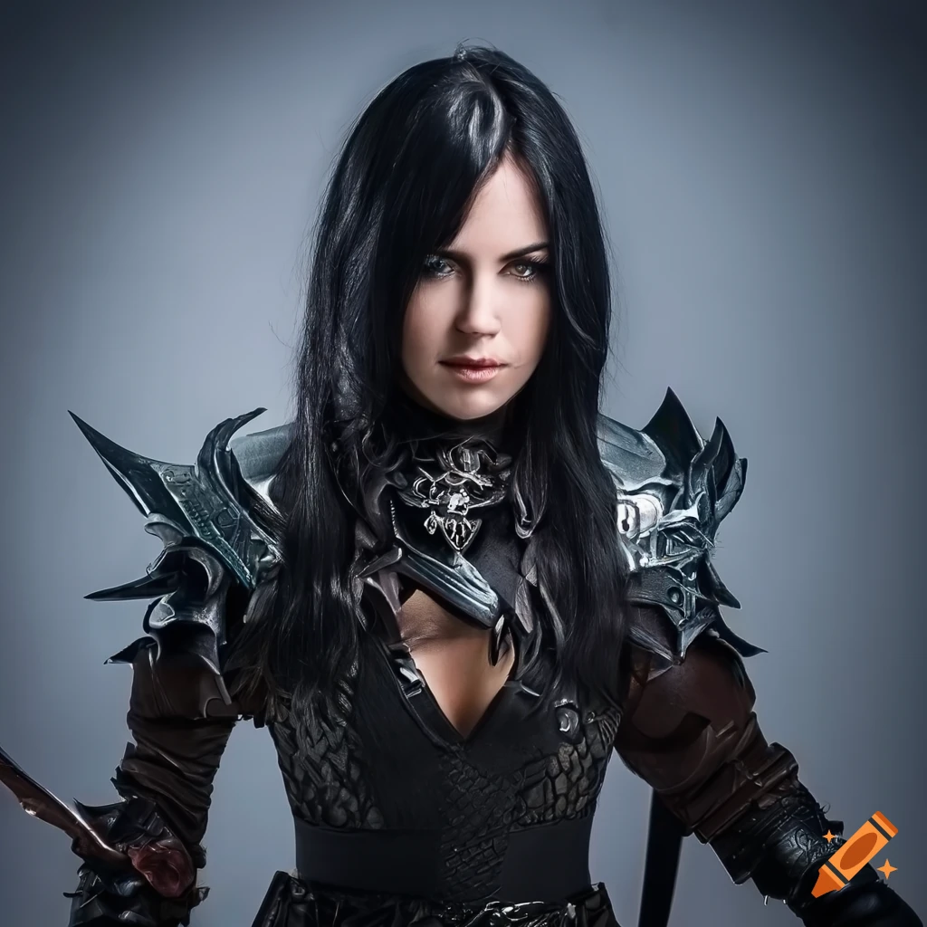 Fantasy artwork of a fierce woman warrior in dragon armor