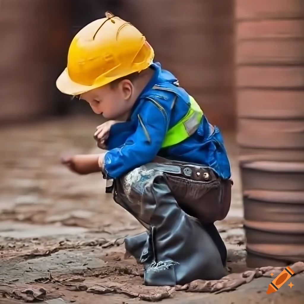 toddler boy wearing construction workwear on a building site