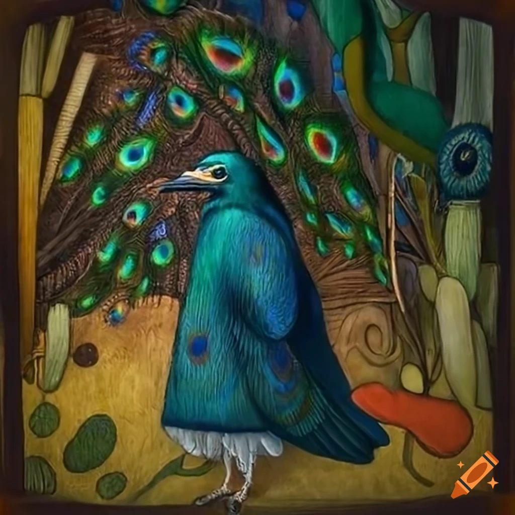 illustration of a raven in a colorful peacock feather cloak