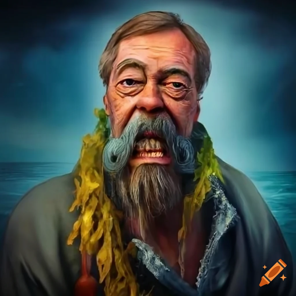 satirical image of Nigel Farage as an old sailor standing in a bucket of fish
