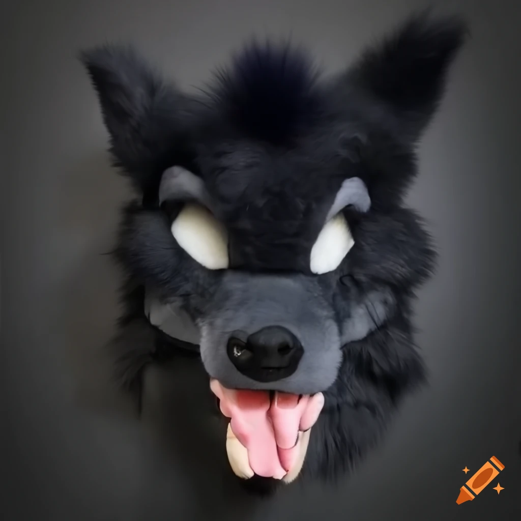 close-up of a black wolf fursuit head