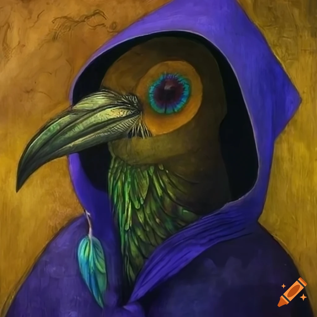 illustration of a raven in a colorful peacock feather cloak