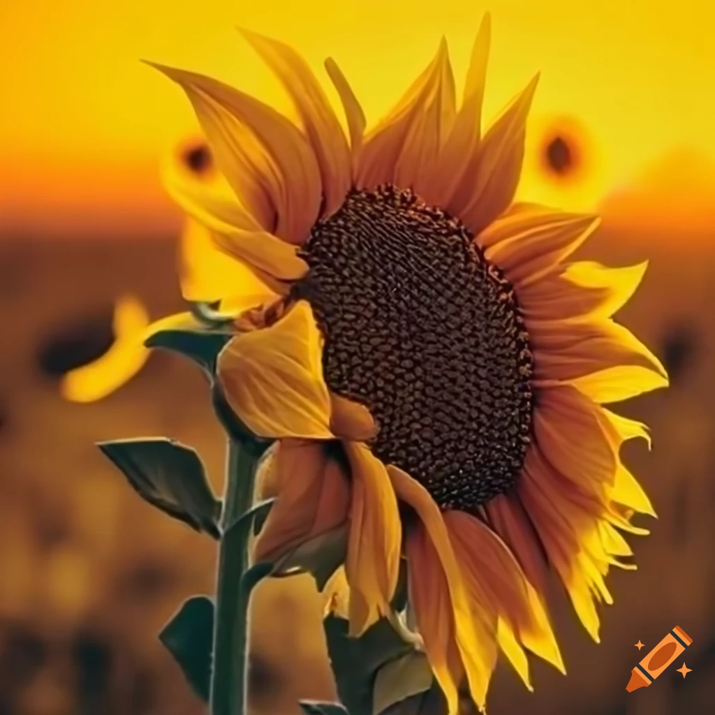 sunflower standing tall in a field of golden flowers at sunset