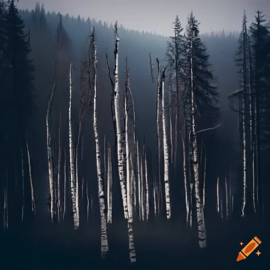 burnt birch tree forest in the mountains