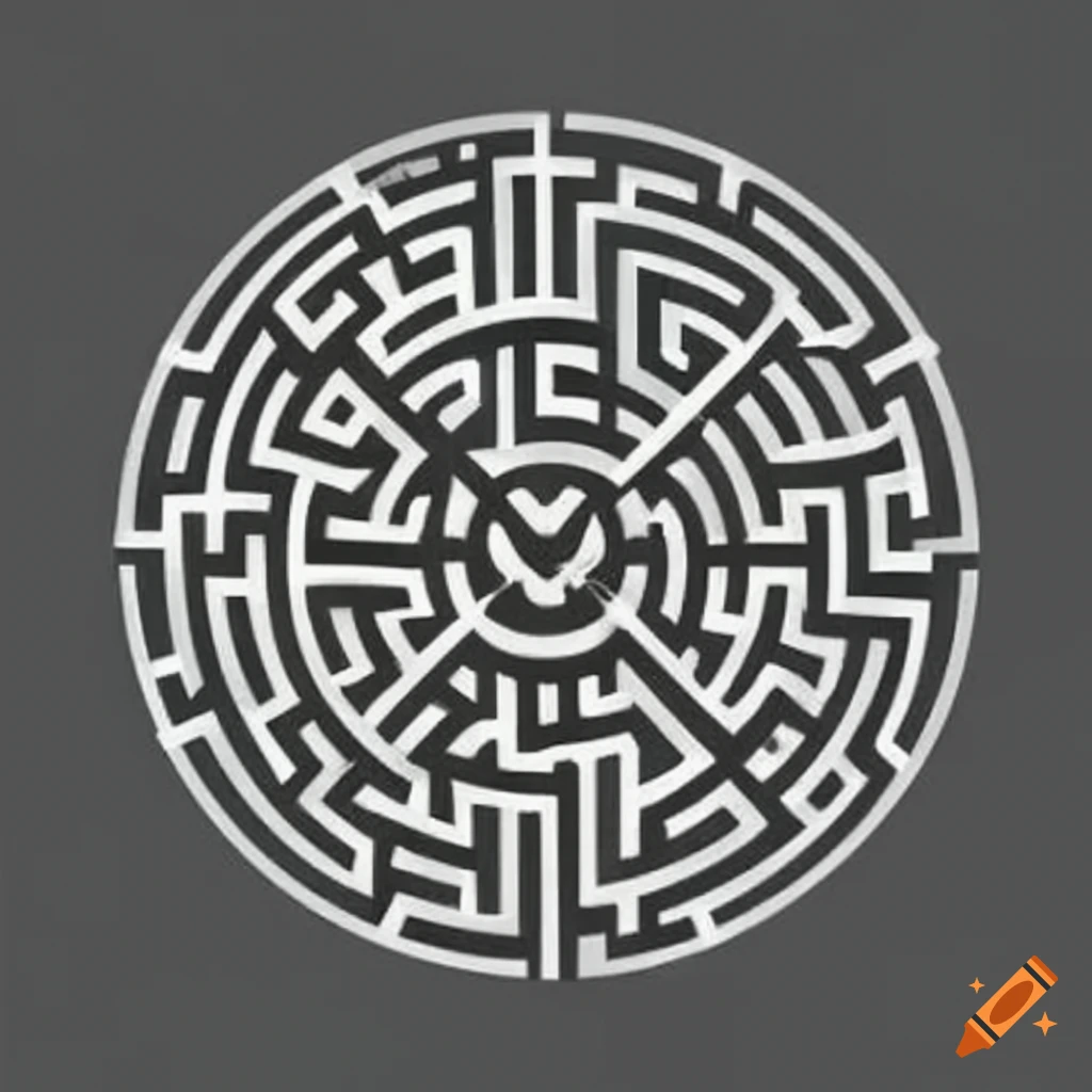 black and white labyrinth plan with a pentagram inside