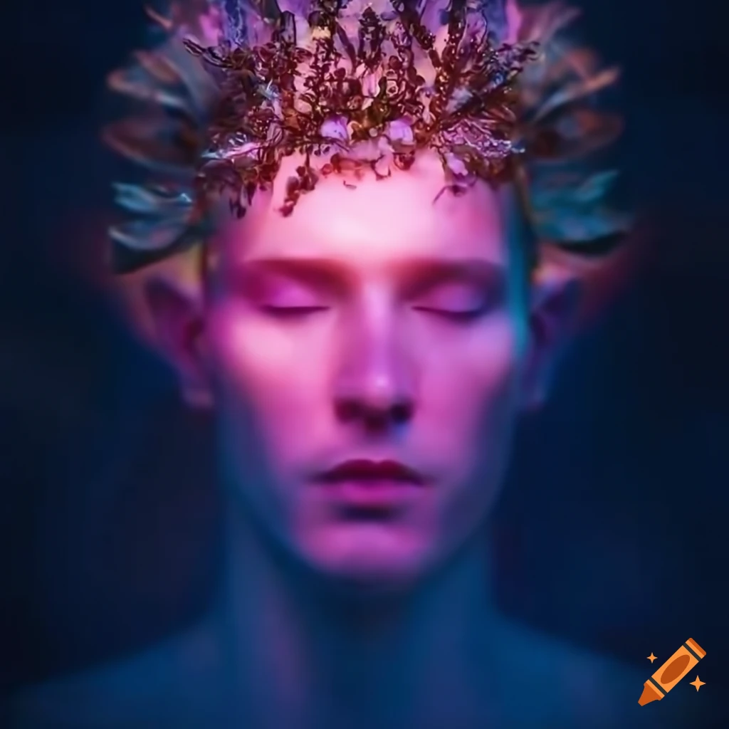 sunlit crystal man with laurel wreath in iridescent lake