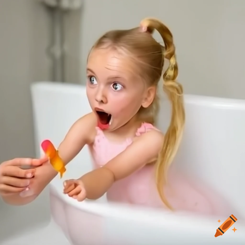 cute toddler girl in bath eating a popsicle
