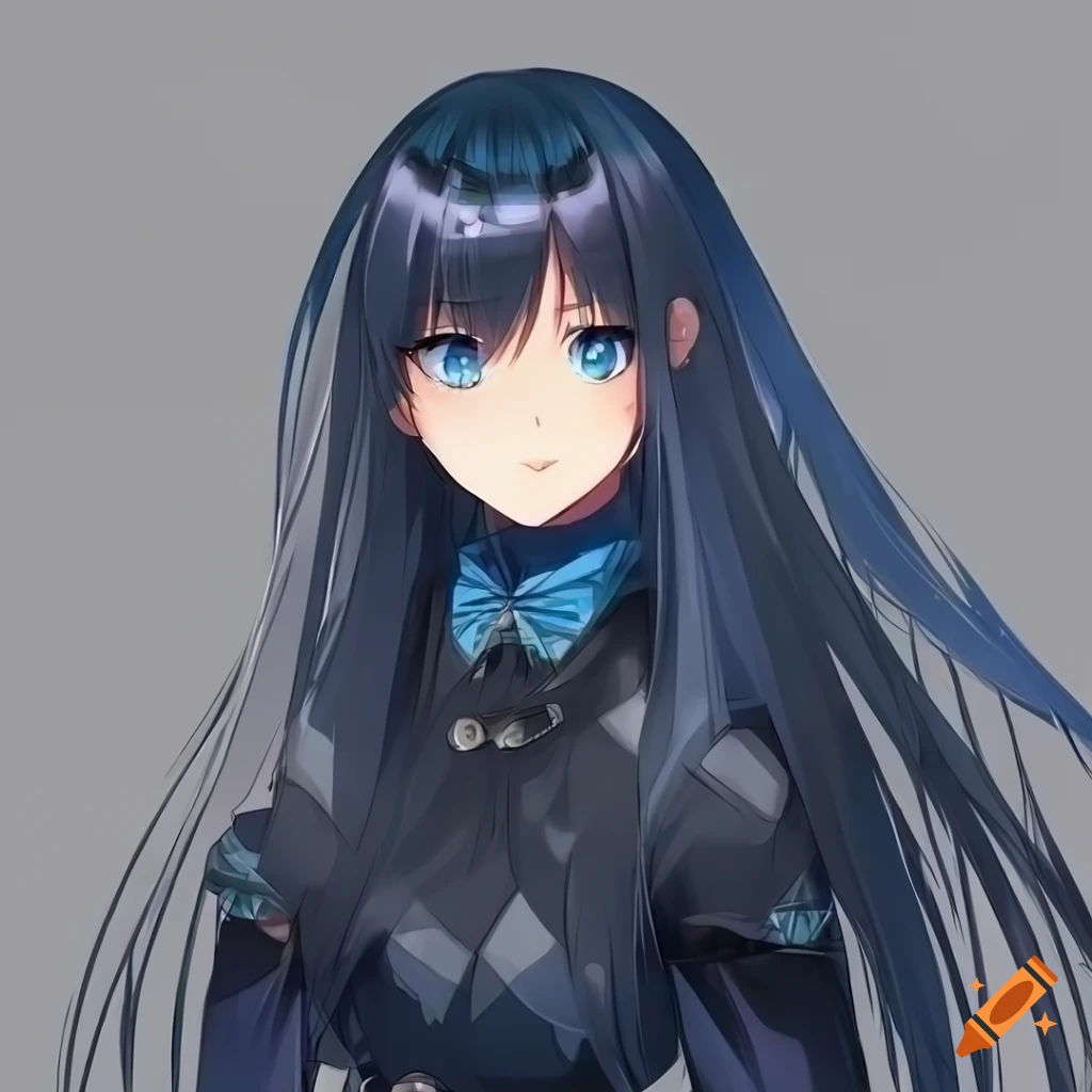 beautiful anime girl with long dark hair and captivating blue eyes, gray background.
