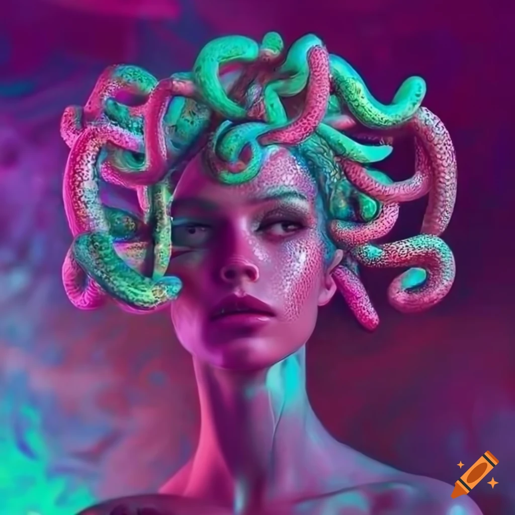 detailed artwork of a shy Medusa on an iridescent lake