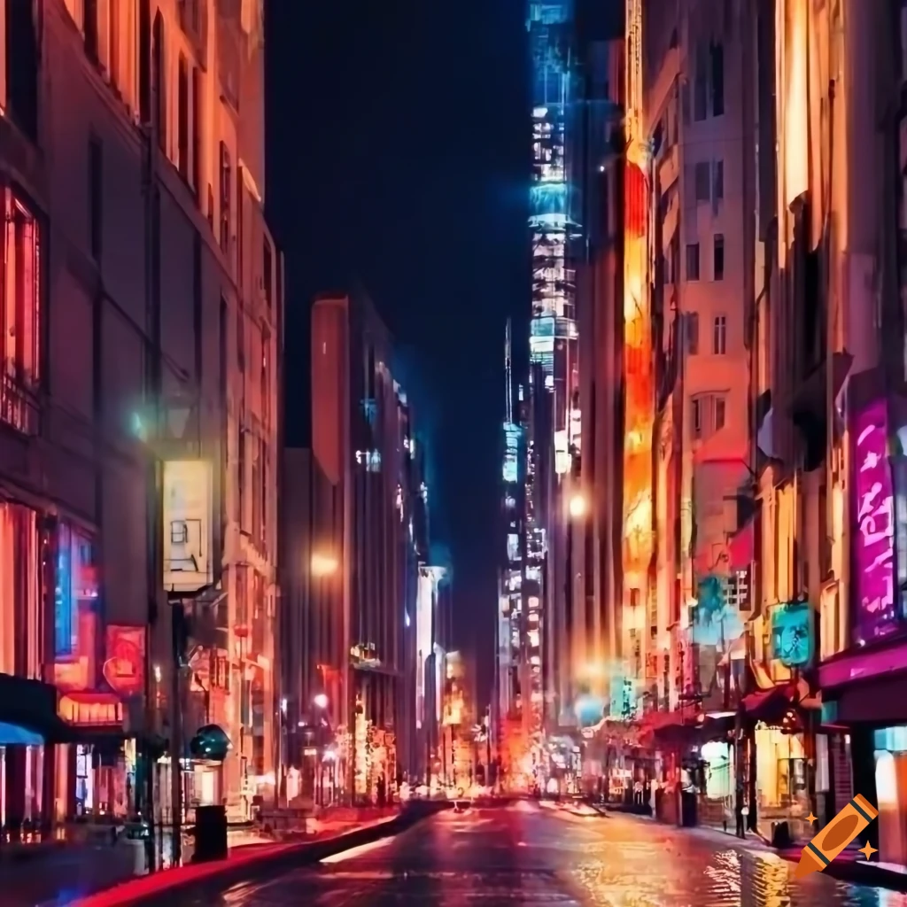 dusk view of a busy city street with towering buildings and neon lights