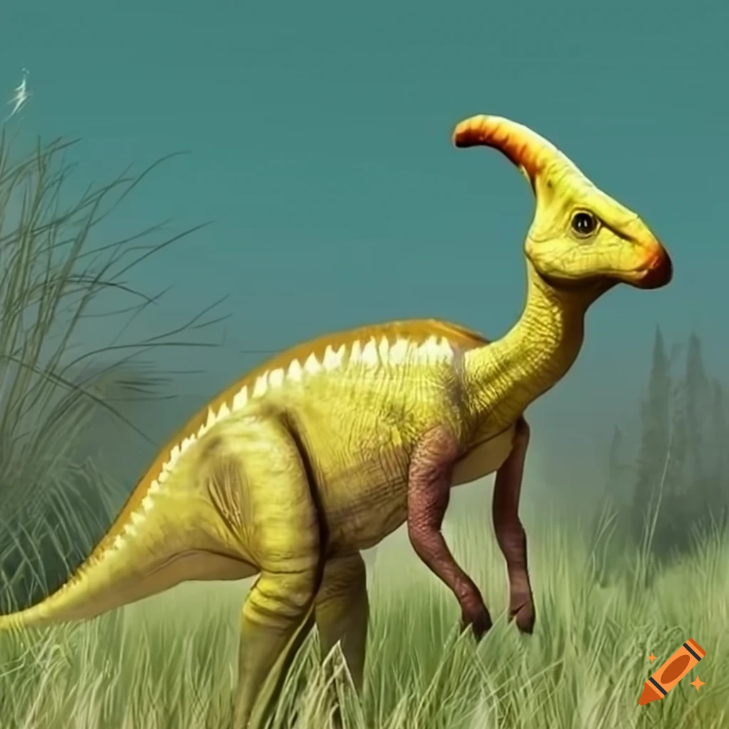 Giant yellow parasaurolophus in tall grass on Craiyon