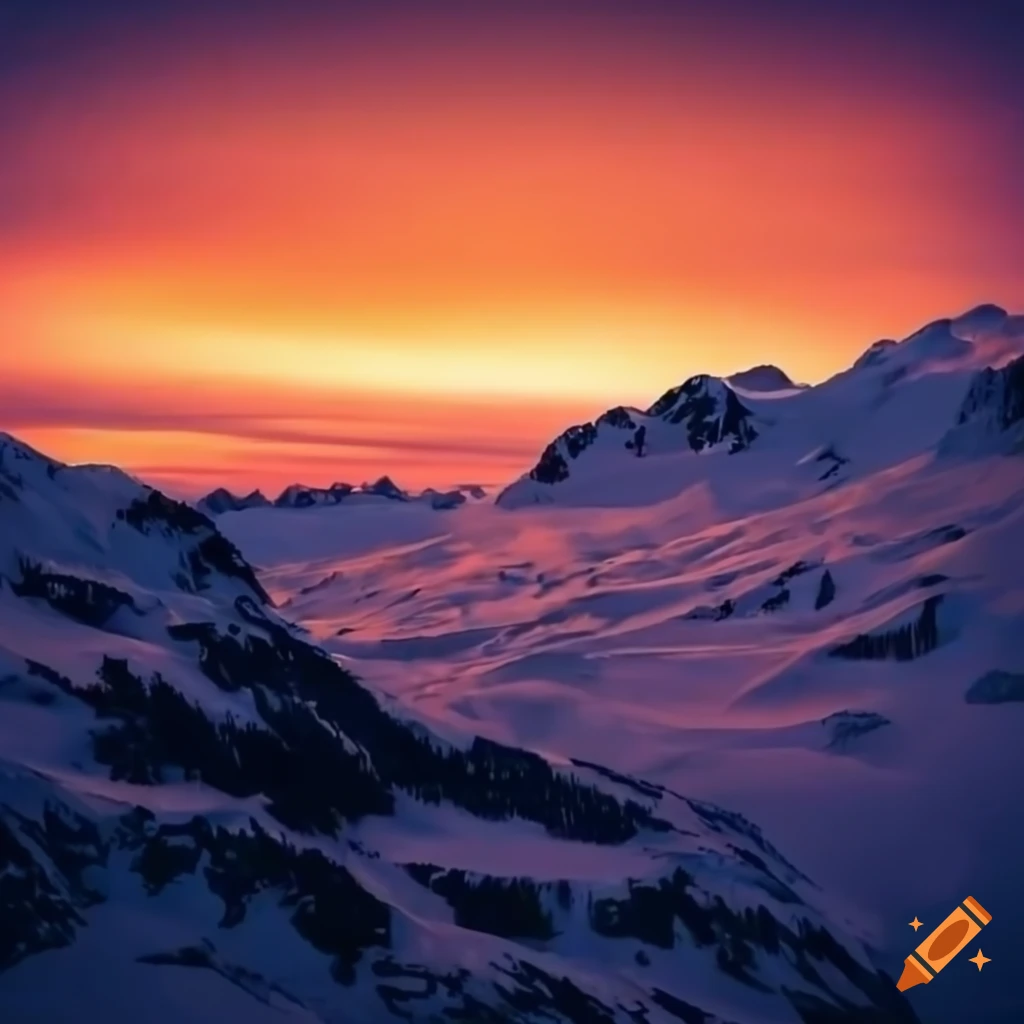 sunset over snowy mountains