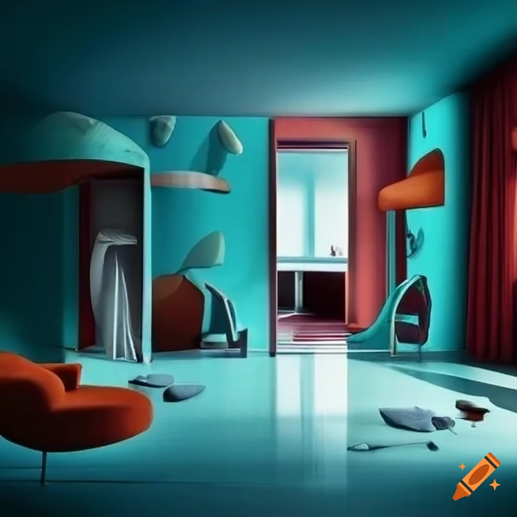 Surreal abstract art of an apartment with furniture and human figure on ...