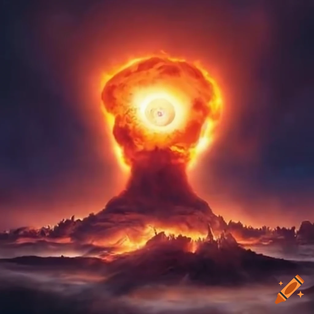 Phoenix rising from nuclear sun explosion in fantasy village on Craiyon