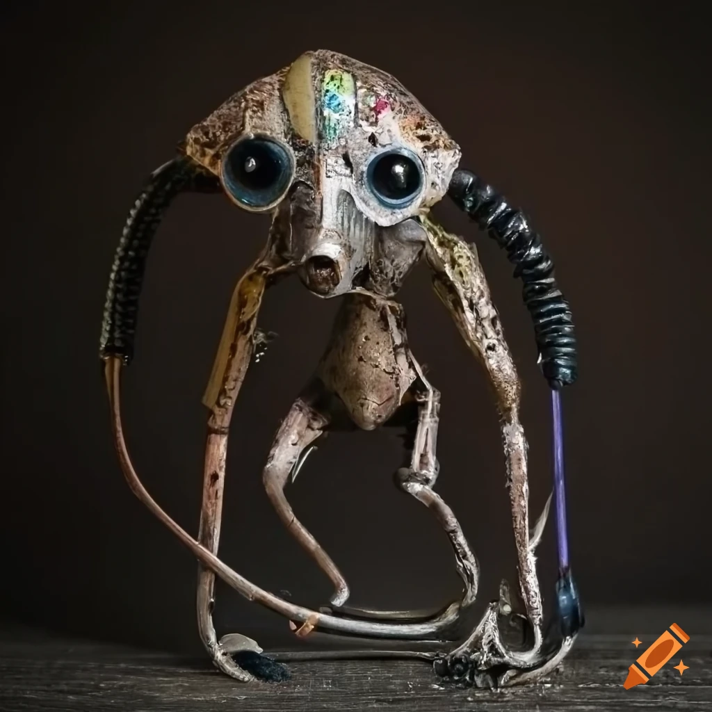 sculpture of a dog alien hybrid made from recycled objects
