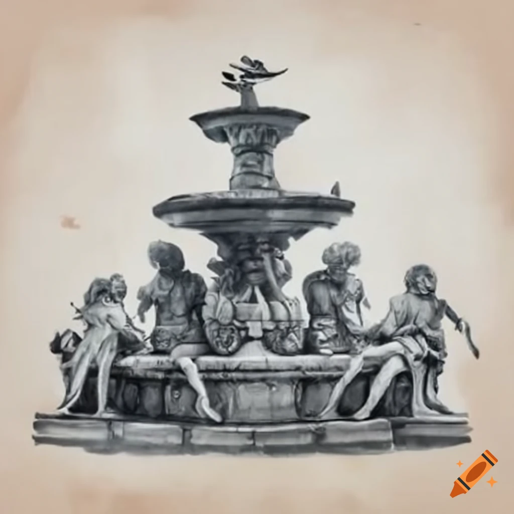 fountain statue depicting eight legendary adventurers