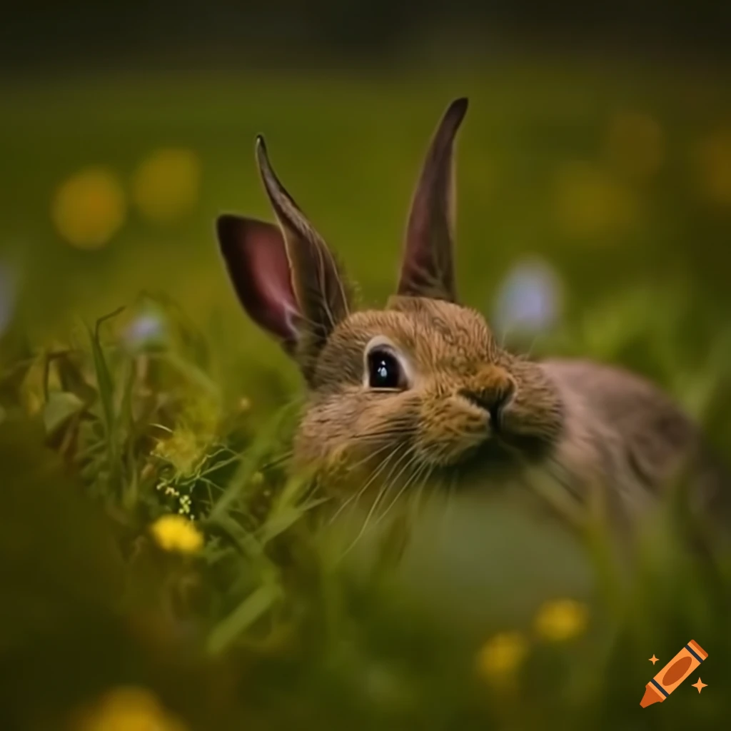Relaxed rabbit in a wildflower meadow with oak trees on Craiyon