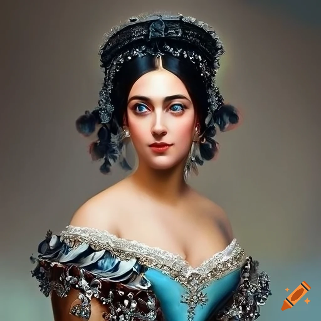 Portrait of a blueeyed lady in ornate 1850s fashion